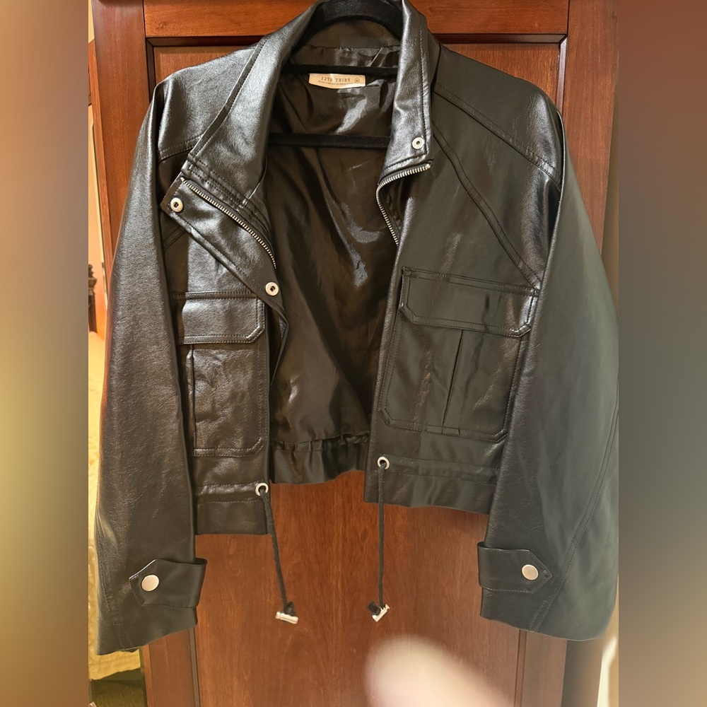 12th Tribe Black Faux Leather Drawstring Waist Jacket